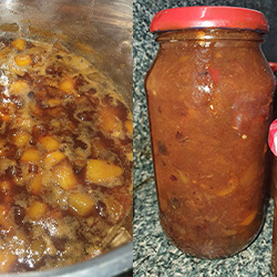 collage with photo of fully cooked chutney and photo of chutney filled jar.